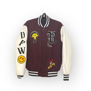 PacSun ࿊ DFW Varsity Patchwork Faux Leather Jacket ࿊ Burgundy ࿊ Men S ࿊ Women M